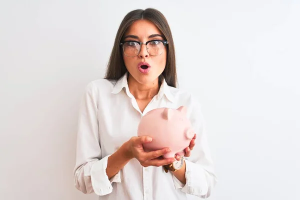 Beautiful Businesswoman Wearing Glasses Holding Piggy Bank Isolated White Background — Stockfoto