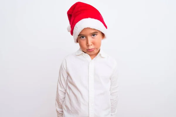 Beautiful Kid Boy Wearing Christmas Santa Hat Standing Isolated White — Stock Photo, Image