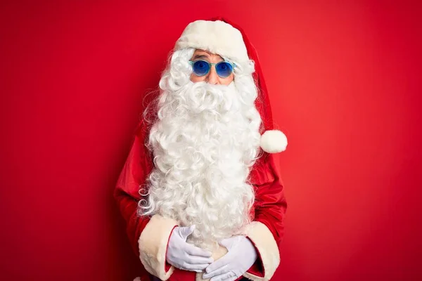 Homem Meia Idade Vestindo Traje Papai Noel Óculos Sol Sobre — Fotografia de Stock