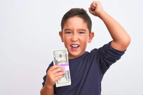 Hermoso Niño Sosteniendo Dólares Pie Sobre Fondo Blanco Aislado Molesto — Foto de Stock