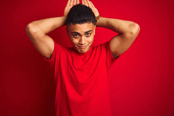 Young Brazilian Man Wearing Shirt Standing Isolated Red Background Doing — Stok fotoğraf