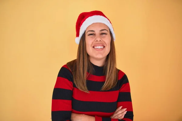 Young Beautiful Woman Smilling Happy Wearing Striped Sweater Santa Claus — ストック写真