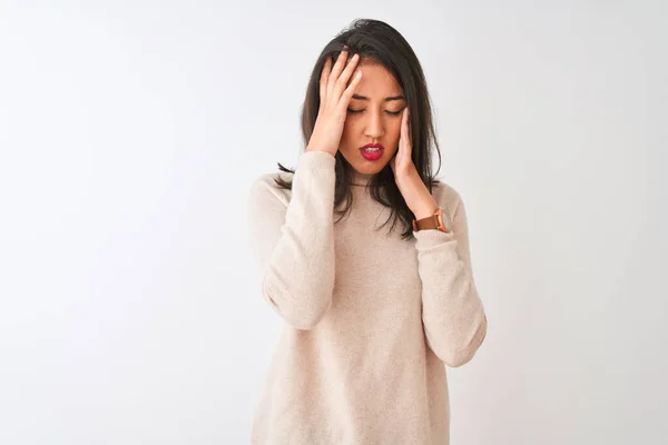 Beautiful Chinese Woman Wearing Turtleneck Sweater Standing Isolated White Background — Stock Photo, Image