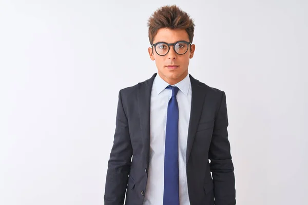 Young Handsome Businessman Wearing Suit Glasses Isolated White Background Serious — Stock Photo, Image