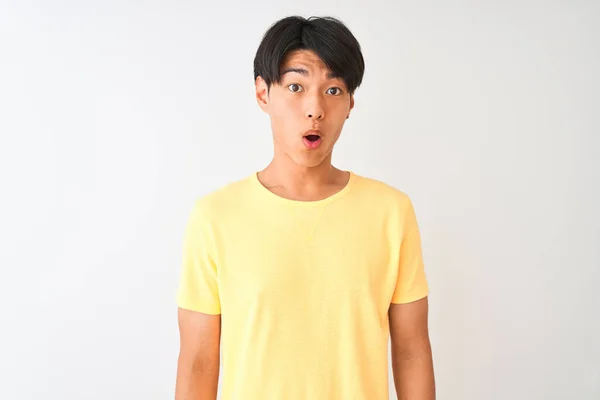 Chinese Man Wearing Yellow Casual Shirt Standing Isolated White Background — Stock Photo, Image