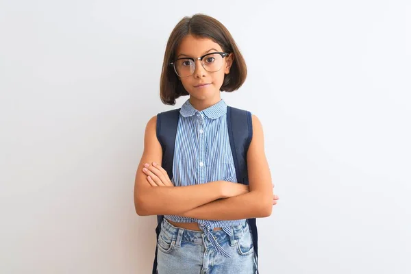 Vacker Student Barn Flicka Bär Ryggsäck Och Glasögon Över Isolerade — Stockfoto