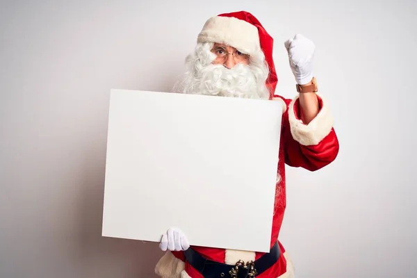 Middle Age Man Wearing Santa Claus Costume Holding Banner Isolated — Stock Photo, Image
