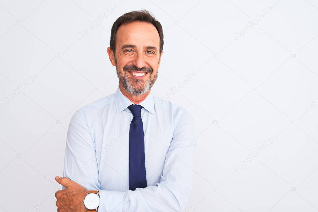 Middle age businessman wearing elegant tie standing over isolated white background happy face smiling with crossed arms looking at the camera. Positive person.