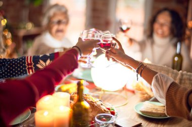 Mutlu ve kendinden emin gülümseyen güzel bir kadın grubu. Kızarmış hindi yemek ve bir bardak şarapla kadeh kaldırmak Noel 'i evde kutlamak.