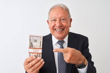 Kıdemli gri saçlı işadamı, izole edilmiş beyaz arka planda dolar tutan takım elbiseli. Elle ve parmakla göstererek çok mutlu.