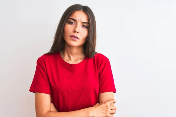 Young Beautiful Woman Wearing Red Casual Shirt Standing Isolated White — 스톡 사진