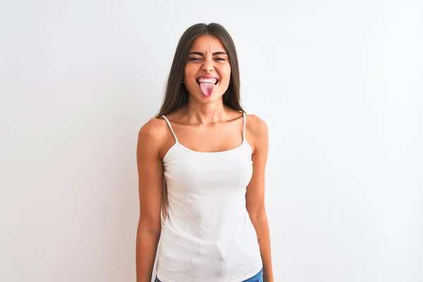 Jeune Belle Femme Portant Shirt Décontracté Debout Sur Fond Blanc — Photo