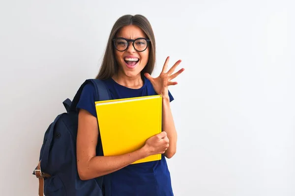 Young Student Woman Wearing Backpack Glasses Holding Book Isolated White — ストック写真