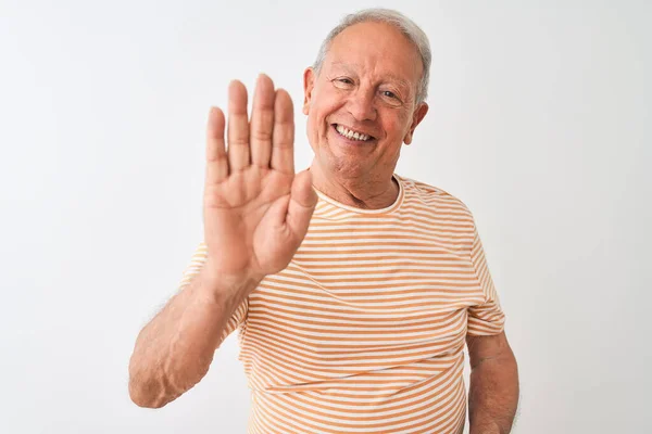 Älterer Grauhaariger Mann Gestreiftem Shirt Der Vor Isoliertem Weißem Hintergrund — Stockfoto