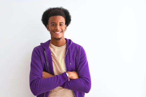 Hombre Afroamericano Vistiendo Sudadera Púrpura Pie Sobre Fondo Blanco Aislado —  Fotos de Stock