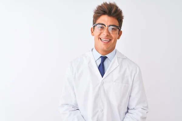 Young Handsome Sciencist Man Wearing Glasses Coat Isolated White Background — Stock Photo, Image