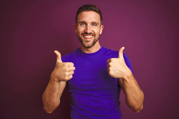 Young Man Wearing Casual Purple Shirt Lilac Isolated Background Success — Stock Photo, Image