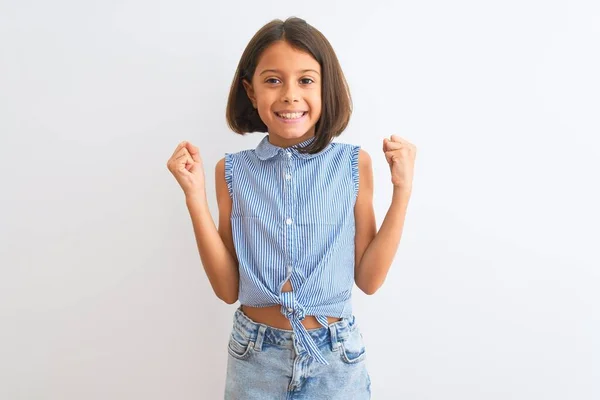 Jonge Mooie Kind Meisje Dragen Blauwe Casual Shirt Staan Geïsoleerde — Stockfoto