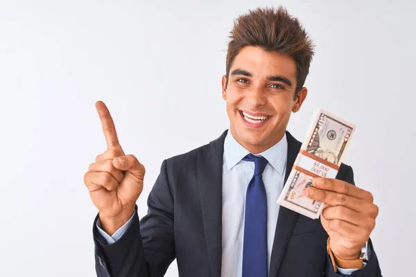 Νεαρός Όμορφος Επιχειρηματίας Που Φοράει Κοστούμι Κρατώντας Δολάρια Πάνω Από — Φωτογραφία Αρχείου