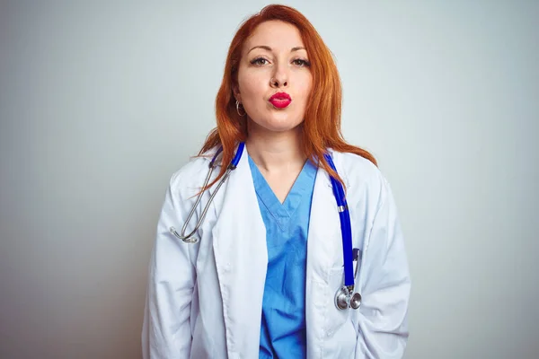 Young Redhead Doctor Woman Using Stethoscope White Isolated Background Looking — Stockfoto
