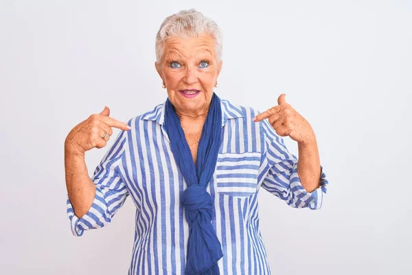 Senior Mulher Cabelos Grisalhos Vestindo Camisa Listrada Azul Sobre Fundo — Fotografia de Stock