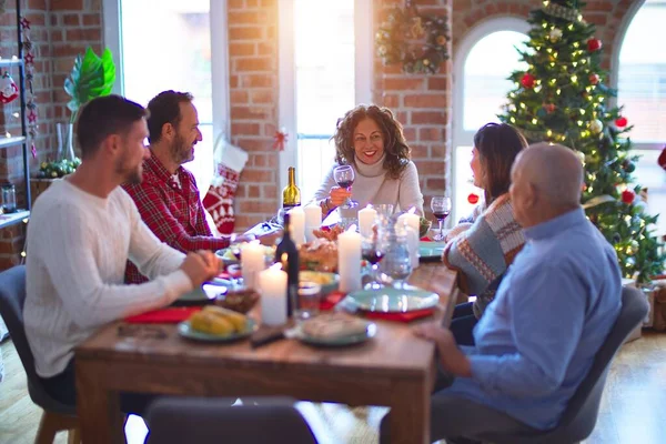 Beautiful Family Smiling Happy Confident Eating Roasted Turkey Celebrating Christmas — Stock Photo, Image