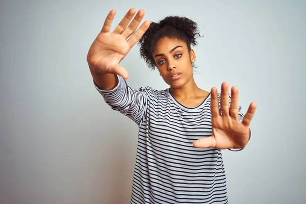 African American Woman Wearing Navy Striped Shirt Standing Isolated White — Stock Photo, Image