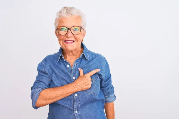 Mulher Cabelos Grisalhos Sênior Vestindo Camisa Jeans Óculos Sobre Fundo — Fotografia de Stock