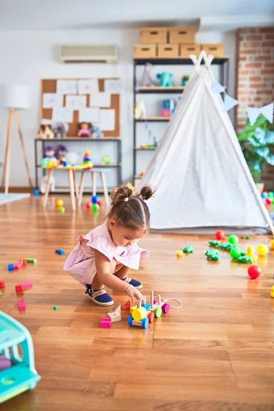 Young Beautiful Toddler Sitting Floor Playing Wooden Train Toy Kindergaten — Stock Photo, Image