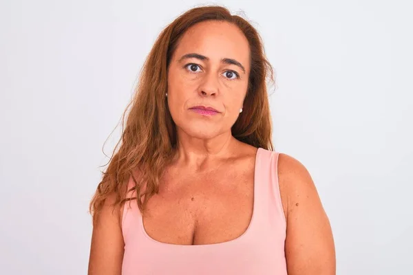 Mujer Madura Mediana Edad Pie Sobre Fondo Blanco Aislado Con — Foto de Stock