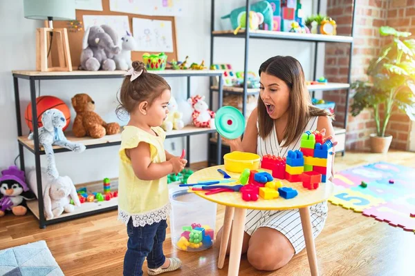 Young Beautiful Teacher Toddler Playing Dishes Cutlery Toy Kindergarten — Stock Photo, Image