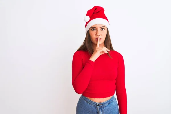 Joven Chica Hermosa Con Sombrero Navidad Santa Pie Sobre Fondo —  Fotos de Stock