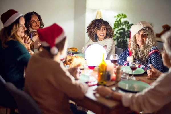 Beautiful Group Women Smiling Happy Confident Eating Roasted Turkey Celebrating — Stock Photo, Image