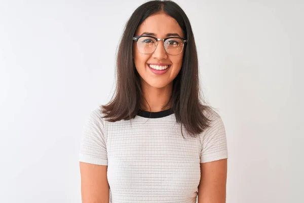 Chinese Vrouw Draagt Casual Shirt Bril Staan Geïsoleerde Witte Achtergrond — Stockfoto