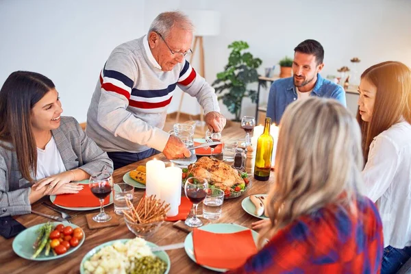 Beautiful Family Meeting Smiling Happy Confident Carving Roasted Turkey Celebrating — Stock Photo, Image