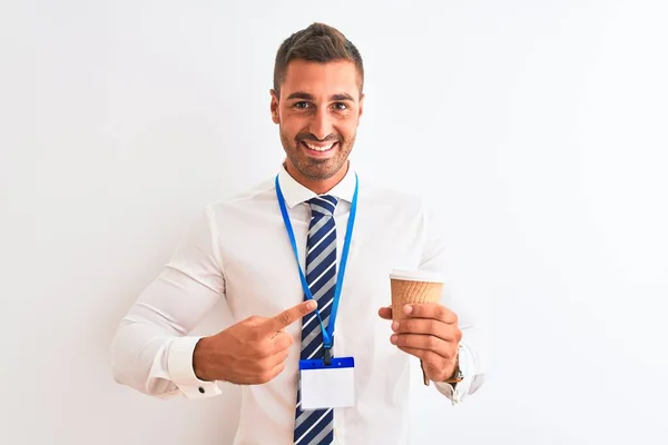 Joven Hombre Negocios Guapo Con Pase Identificación Beber Café Sobre —  Fotos de Stock