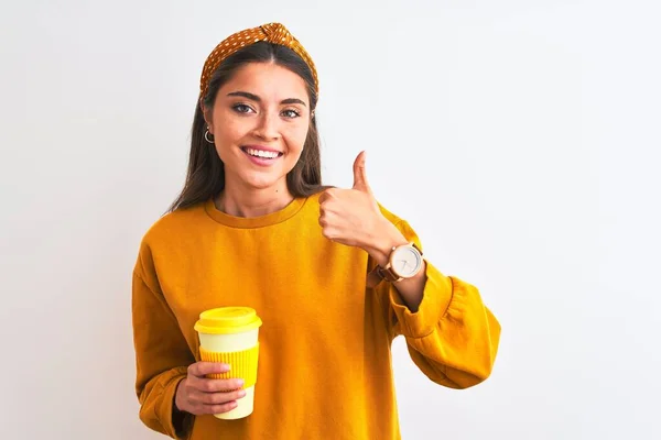 Ung Vacker Kvinna Dricka Glas Bort Kaffe Över Isolerad Vit — Stockfoto