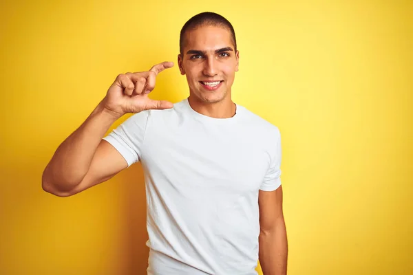 Young Caucasian Man Wearing Casual White Shirt Yellow Isolated Background — Stock Photo, Image