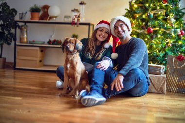 Mutlu ve kendinden emin gülümseyen genç bir çift. Yerde oturmuş Noel Baba şapkası takıyor Noel ağacının etrafında köpeğe sarılıyor.