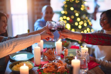 Mutlu ve kendinden emin gülümseyen güzel bir aile. Kızarmış hindi yemek ve evde Noel 'i kutlamak için bir bardak şarapla kadeh kaldırmak.