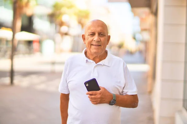 Senior Handsome Man Smiling Happy Confident Standing Smile Face Using — Stock Photo, Image