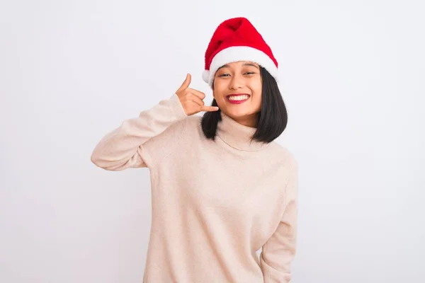 Jovem Mulher Chinesa Bonita Vestindo Chapéu Natal Papai Noel Sobre — Fotografia de Stock