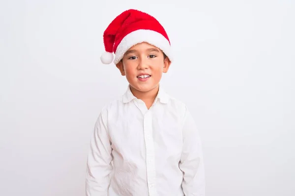 Beautiful Kid Boy Wearing Christmas Santa Hat Standing Isolated White — Stock Photo, Image