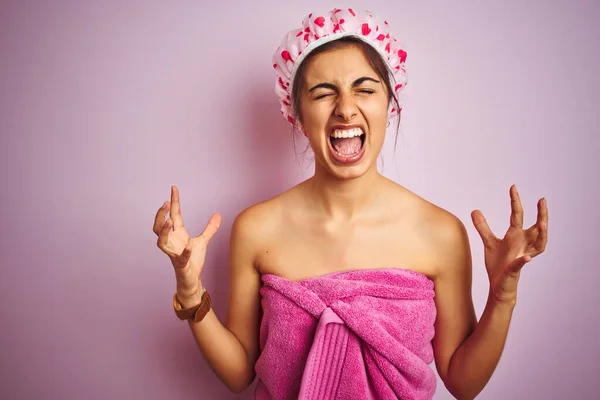 Young Beautiful Woman Wearing Shower Towel Bath Pink Isolated Background — Stockfoto