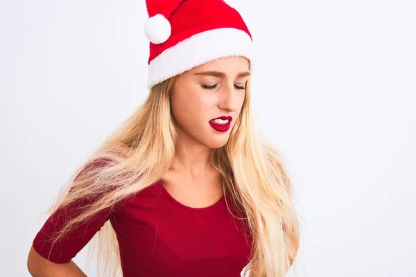 Ung Vacker Kvinna Bär Jul Santa Hatt Över Isolerad Vit — Stockfoto