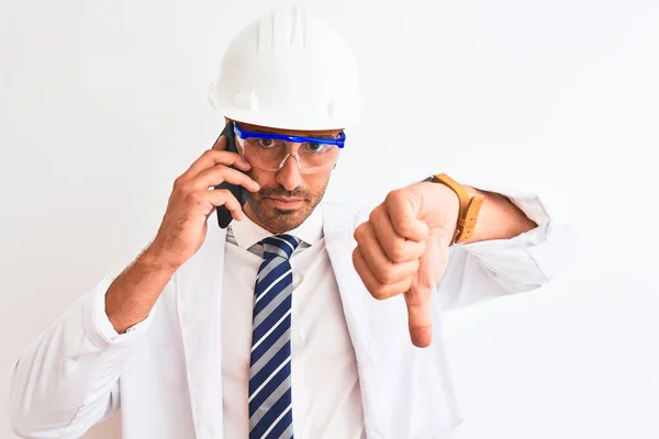 Young Scientist Man Wearing Safety Helmet Calling Using Smartphone Isolated — Stockfoto