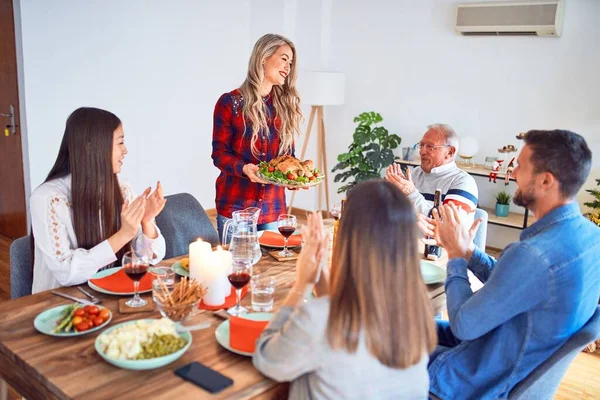 Beautiful Family Meeting Smiling Happy Confident Person Standing Holding Roasted — Stock Photo, Image