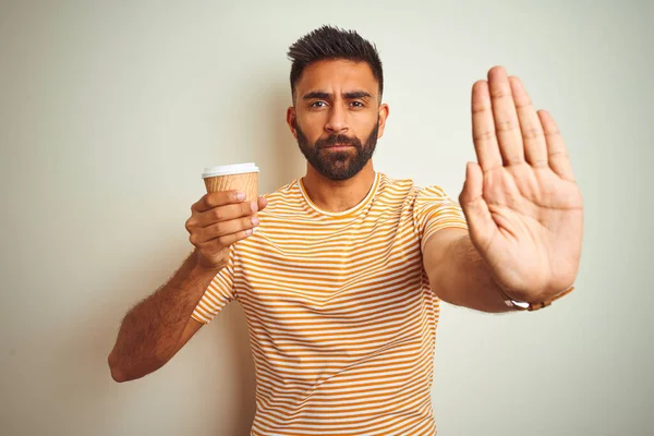 Young Indian Man Drinking Cup Coffee Standing Isolated White Background — Stockfoto