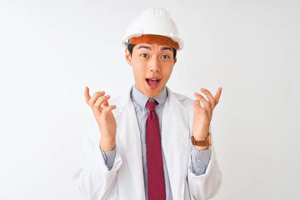 Chinese Architect Man Wearing Coat Helmet Standing Isolated White Background — Stockfoto