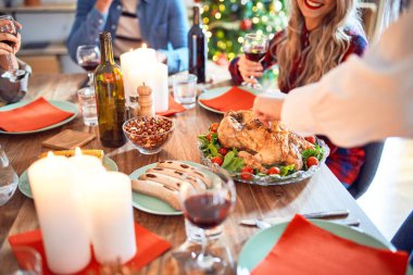 Mutlu ve kendinden emin gülümseyen güzel bir aile toplantısı. Evde Noel 'i kutlamak için fırında hindi pişiriyorum.